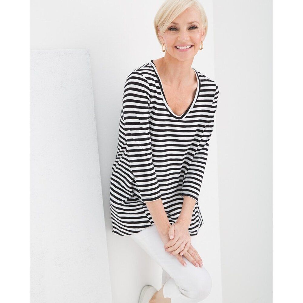 Chico's Ultimate Tee Modal Blend Slub High Low Striped Top Size 1 Medium B&W